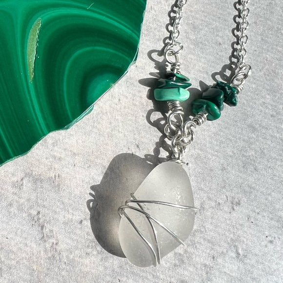 Seaglass + Malachite Crystal Chain Handmade Necklace - Picture 7 of 7